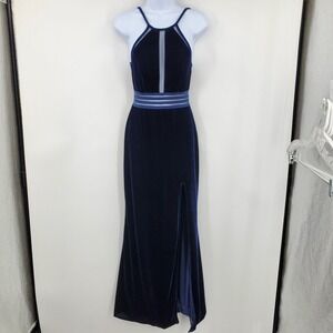 City Triangles Navy Blue Velvet Maxi Dress Halter Whimsigoth Size 3 Y2K Prep